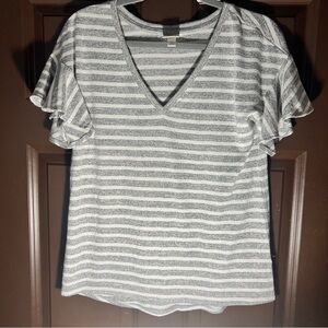Striped Gray V-Neck Ruffle Sleeve Top